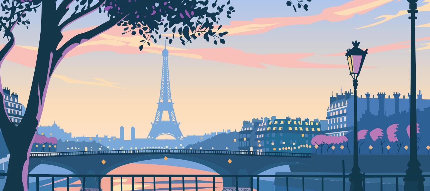 A gorgeous drawing of the Paris panorama in sunset with the Eiffel Tower visible in the distance